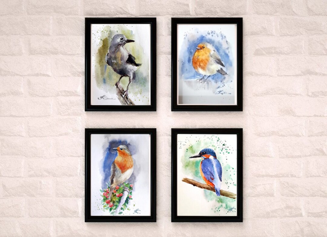 Set of Four Watercolour Birds Painting Wall Art Original Art Artwork
