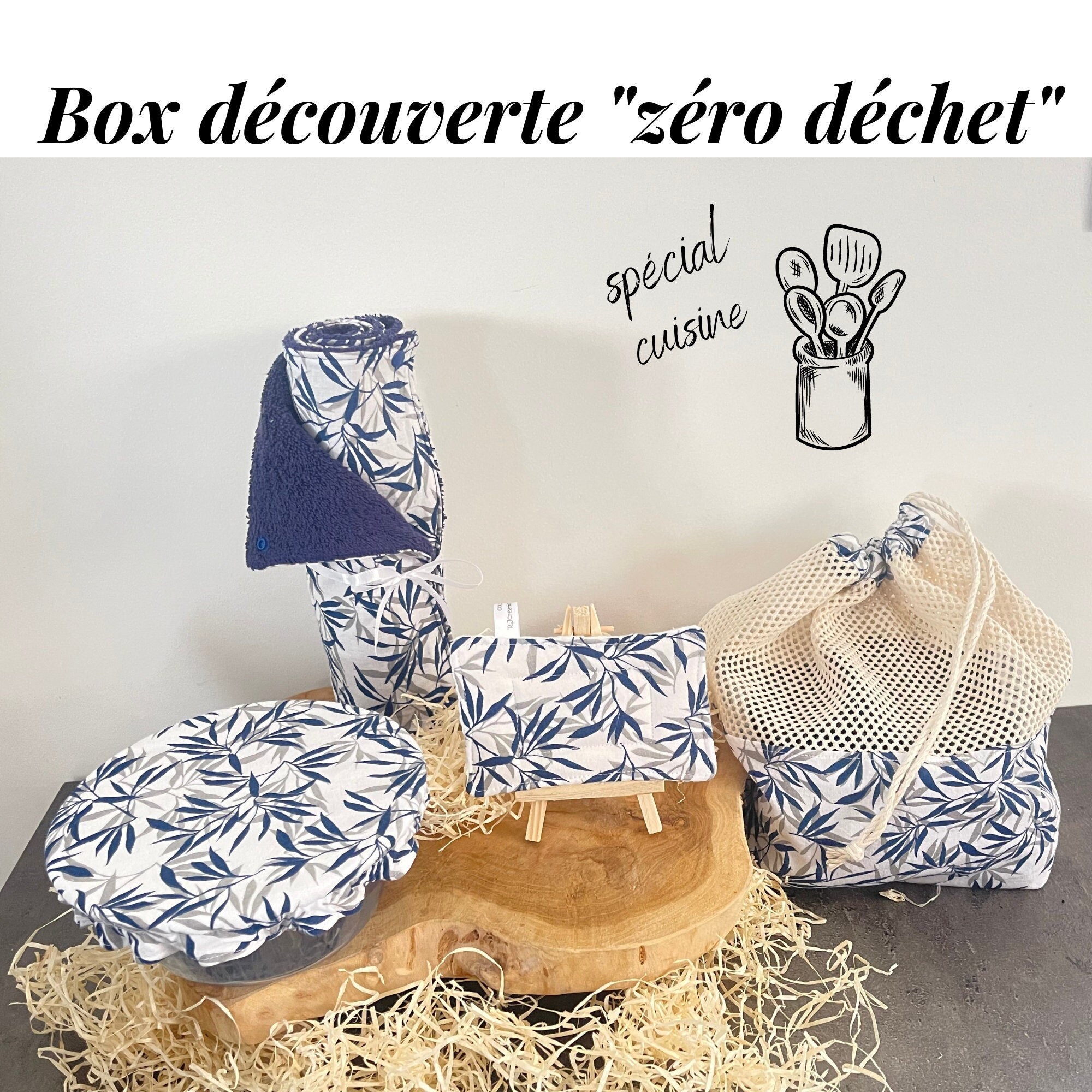 Kit ou Box Découverte Zéro Déchet Spécial Cuisine. Éponge Lavable, Essuie-Tout, Couvre Plat, Sac à V