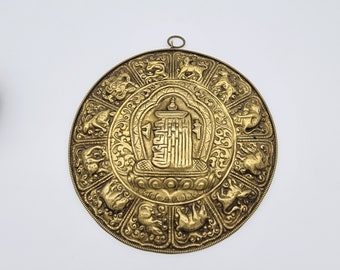 Authentic Buddhist Art: Handcrafted Brass Statue, Antique Wall Hanging with Twelve Zodiac Signs