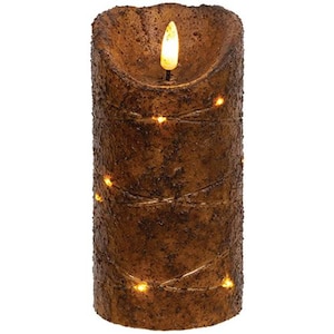 May include: A brown, textured LED candle with a flickering flame. The candle is cylindrical and has small, warm white lights wrapped around it. The overall design gives the appearance of a rustic, glowing pillar.