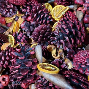 May include: A close-up of a mixture of dried orange slices, pine cones, and other natural elements. The pine cones are a deep burgundy color, and the orange slices are a bright yellow.