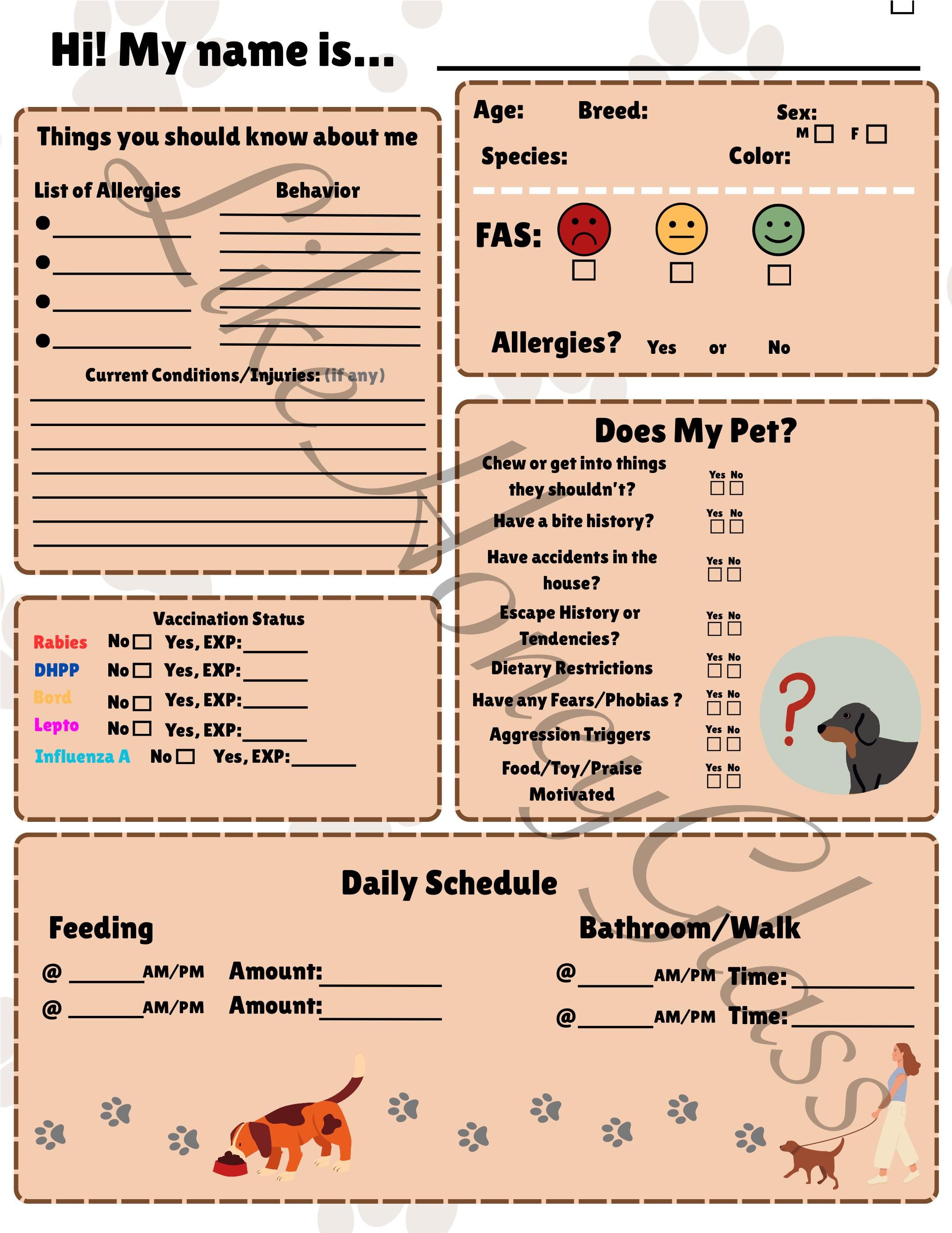 Pet Sitter Forms, Printable Template for Owners Dog & Cat Care ...