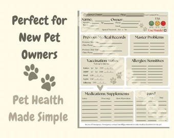 Puede incluir: Una hoja de registro de salud para mascotas beige con secciones para información del propietario, historial médico y estado de vacunación. El texto "Perfect for New Pet Owners" y "Pet Health Made Simple" se muestra en una fuente lúdica.