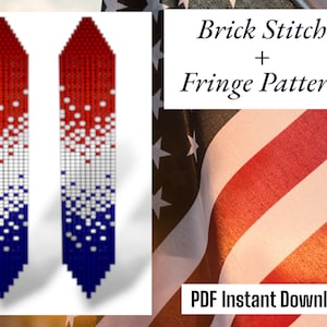 May include: A digital download pattern for beaded earrings. The pattern features a red, white, and blue color scheme with a brick stitch and fringe design. The pattern is displayed against a background of an American flag.