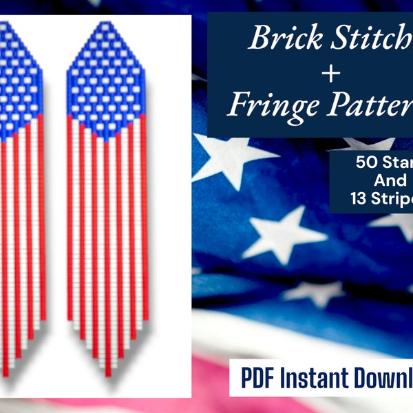 American Flag Brick Stitch and Fringe Earring PDF Pattern, Seed Bead Chandelier Digital Download, Miyuki Delica