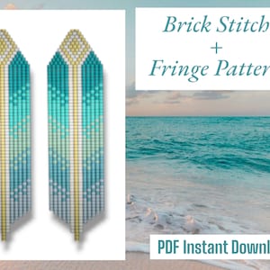 May include: Two beaded earrings with a brick stitch and fringe pattern. The earrings feature a gradient of turquoise, light blue, and yellow beads. The text "Brick Stitch + Fringe Pattern" and "PDF Instant Download!" are also visible.