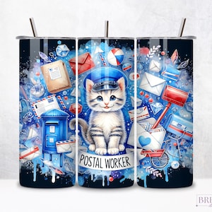 Sublimation d'emballage de gobelet 20 oz d'employé des postes, collage de timbre de lettre de facteur chat mignon, chaton de bureau de poste PNG, emballage de travailleur des postes
