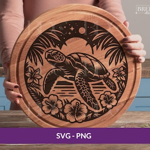Sea Turtle SVG, Cutting board SVG Laser file, Cheese board laser wood engraving file, Charcuterie board svg, Hibiscus Sea Turtle PNG Floral