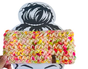 Handmade Merino Wool Knit Headband: Pink and Green Chunky Headwear