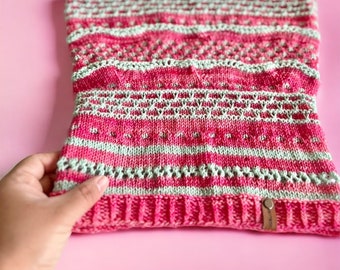Hand knit Merino Wool Cowl: Pink & Green Scarf