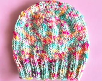 Handmade Chunky Merino Wool Knit Beanie: Blue & Pink Winter Hat