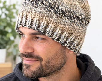 Handmade Chunky Knit Beanie: Variegated Wool Blend Winter Hat
