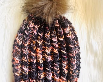 Handmade Chunky Merino Wool Knit Beanie - Black & Pink