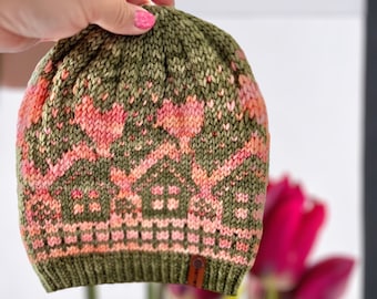 Handmade Merino Wool Knit Beanie: Kid's Green Hat with Pink Hearts