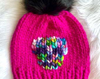 Handmade Knit Merino Wool Skull Beanie with Pom - Spooky Pink