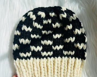 Hand Knit Bat Beanie: Black & White Wool Blend, Halloween Hat