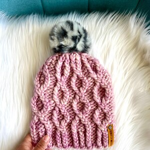 Pink Chunky Knit Hat with Pom, Handmade Beanie for Adults, Knitted Hat for Women, Luxury Beanie, Merino Wool, Gift for Friend, Gift for Her
