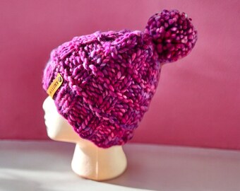 Handmade Purple Merino Wool Beanie: Chunky Knit Pom Hat