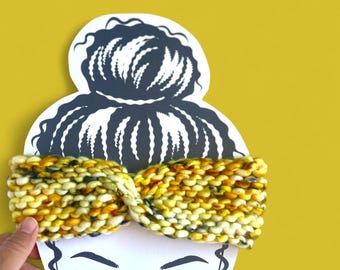 Handmade Chunky Merino Wool Knit Headband: Gold and Black Twisted Knot Headwear