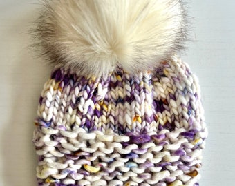 Chunky Knit Merino Wool Beanie: Purple Winter Hat with Faux Fur Pom