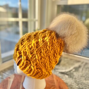 Women’s Gold Semi-Slouchy Knit Hat With Pom | ChunkyWinter Hat | Wool Blend Hat | Christmas Gift for Her | Slouchy Beanie | Fall Knitwear
