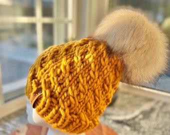 Gold Chunky Knit Beanie with Pom: Wool Blend Slouchy Hat