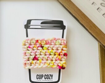Pink Speckle Crochet Coffee Sleeve: Merino Wool Cup Cozy