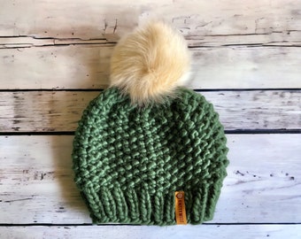 Green Knit Beanie with Pom: Chunky Wool Blend Slouchy Hat