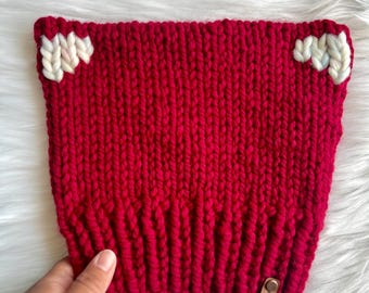 Knit Kitty Halloween Beanie: Handmade Red Wool Blend Hat with Cat Ears