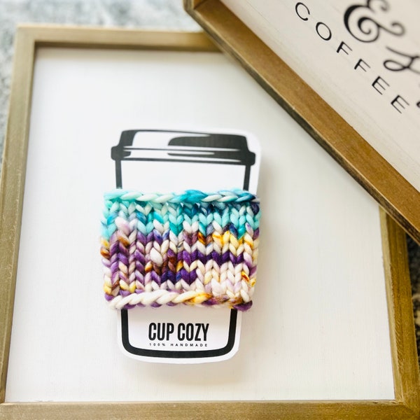 Purple Knit Coffee Sleeve, Coffee Cup Cozy, Merino Wool, Knitted Cup Cozy, Coffee Lover Gift, Handmade Coffee Accessory, Fits 16 oz Cup