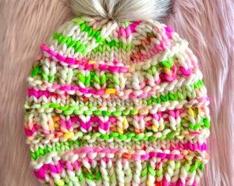 Chunky Merino Wool Knit Beanie: Pink Boho Chic Hat