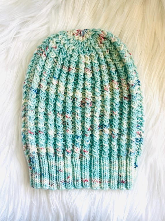 Blue Knit Beanie: Handmade 100% Merino Wool Textured Hat - Etsy display picture 3