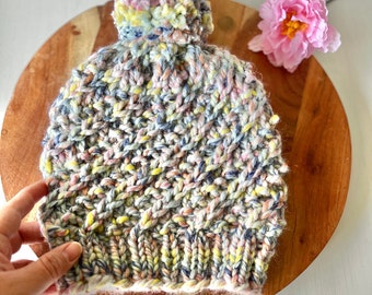Chunky Knit Beanie with Faux Fur Pom - Candy Rainbow Wool Blend
