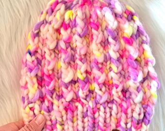Chunky Merino Wool Knit Beanie: Pink and Purple Modern Chic Hat