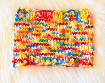 Modern Handmade Chunky Merino Wool Cowl: Red Blue and Orange Knit Multicolored Neckwarmer