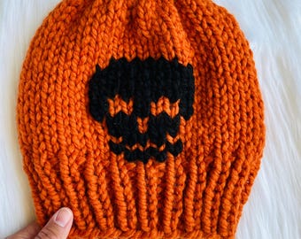 Knit Skull Beanie: Chunky Wool Halloween Hat