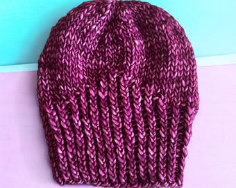Purple Chunky Knit Beanie: 100% Merino Wool Winter Hat