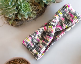 Handmade Merino Wool Knit Headband: Twisted Grey & Pink Headwear
