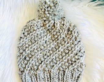 Handmade Chunky Knit Beanie: Wool Blend Hat with Faux Fur Pom
