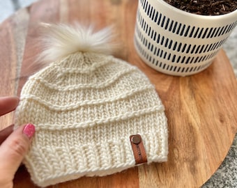 Hand Knit Merino Wool Baby Beanie with Pom - 0-3 Month