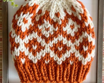Chunky Knit Beanie: Modern Chic Wool Blend Hat, Orange and White