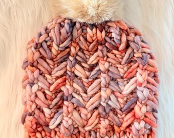 Chunky Knit Merino Wool Beanie: Hand-Knit Pink Blue Winter Hat