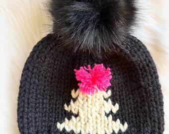 Handmade Knit Christmas Tree Beanie: Black and White Wool Blend Hat with Black Pom