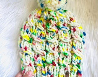 Handmade Chunky Cable Knit Beanie: Merino Wool Tweed Hat with Pom
