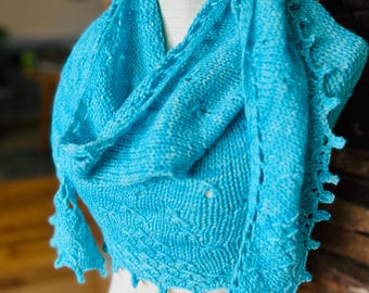 Hand Knit Merino Wool Shawl: Blue Lace Wrap