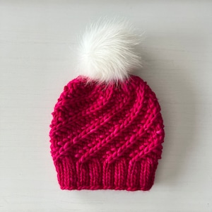 Pink Knit Hat with Pom: Chunky Merino Wool Slouchy Beanie