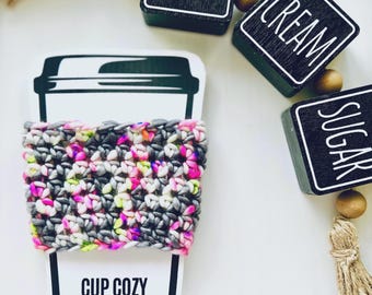 Handmade Merino Wool Crochet Coffee Sleeve: Pink & Green Cozy