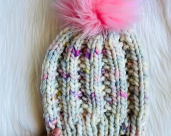 Chunky Knit Merino Wool Beanie: Hand-Knit Cotton Candy Winter Hat