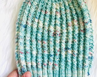 Blue Knit Beanie: Handmade 100% Merino Wool Textured Hat