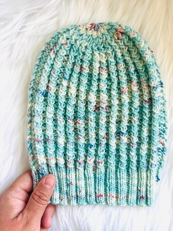Blue Knit Beanie: Handmade 100% Merino Wool Textured Hat - Etsy display picture 1